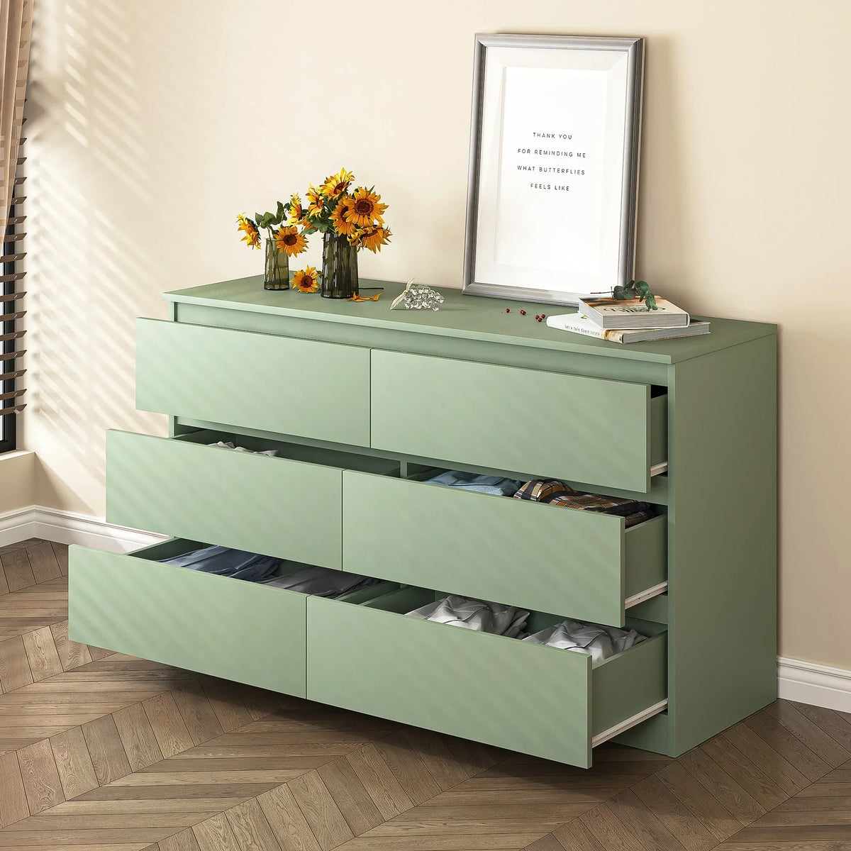 2026 NewResenkos Modern Mid Century 6 Drawer Wide Dressers Chests for Bedroom, Chest of Drawer Organizer Grey