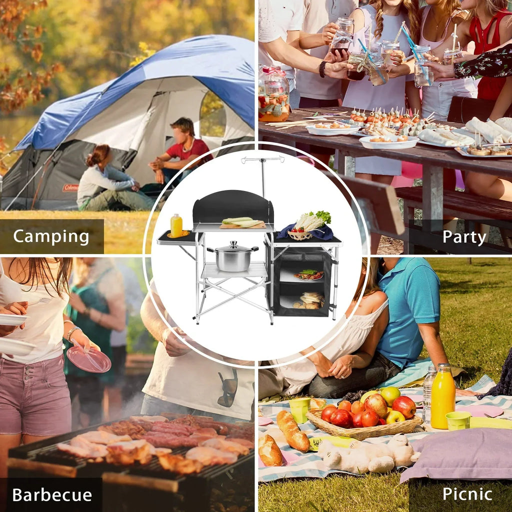 2026 NewCamping Kitchen Station Aluminum Outdoor Cook Table Camping Table Black