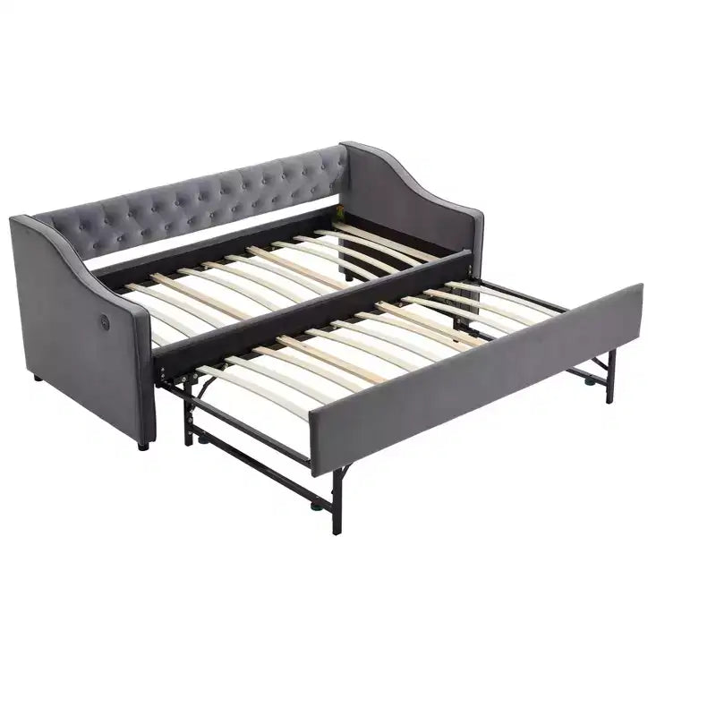 2026 Cama sofá Twin con cama nido, tapizada en terciopelo, puerto USB y bolsillos laterales - ModernLuxe