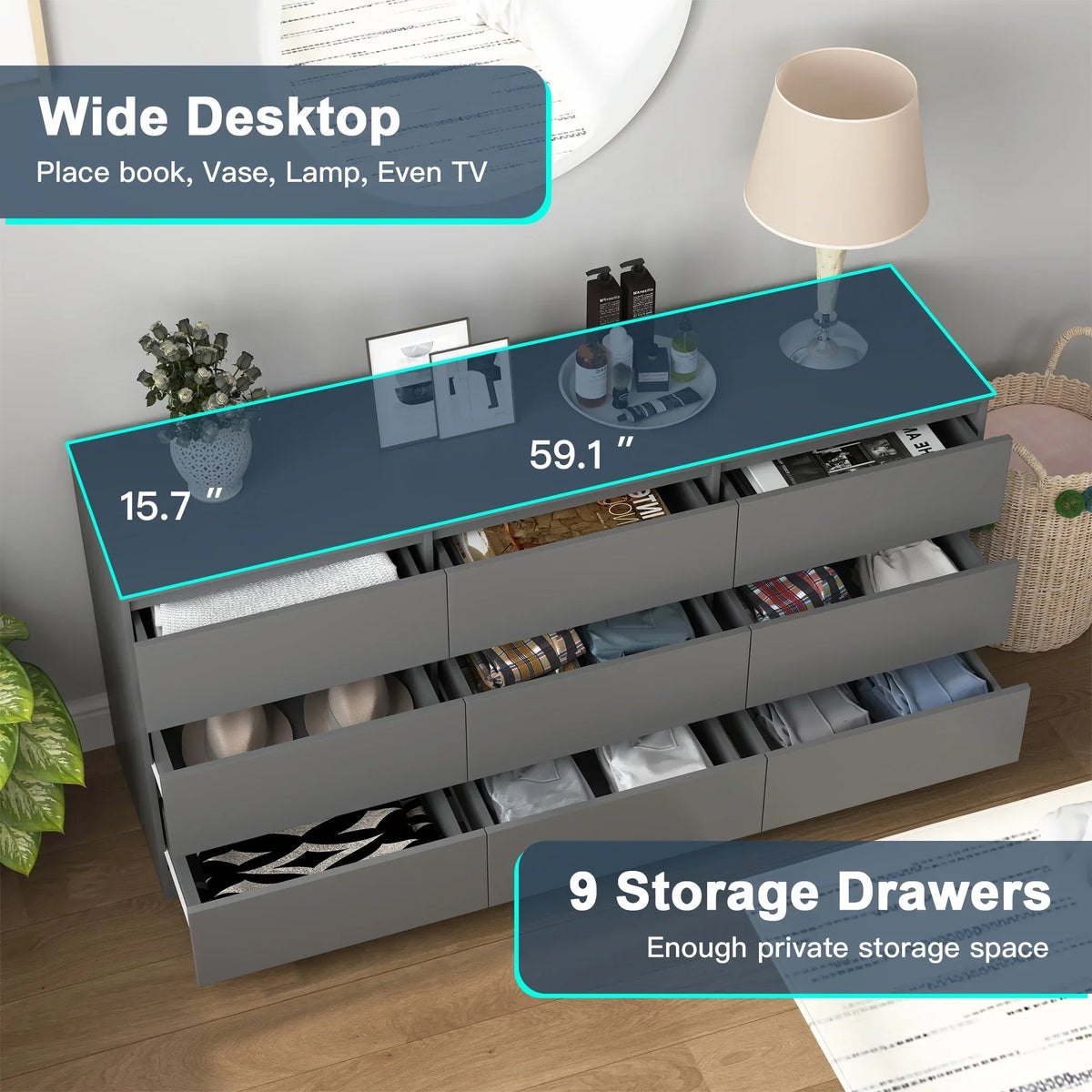 2026 NewResenkos Modern Mid Century 6 Drawer Wide Dressers Chests for Bedroom, Chest of Drawer Organizer Grey