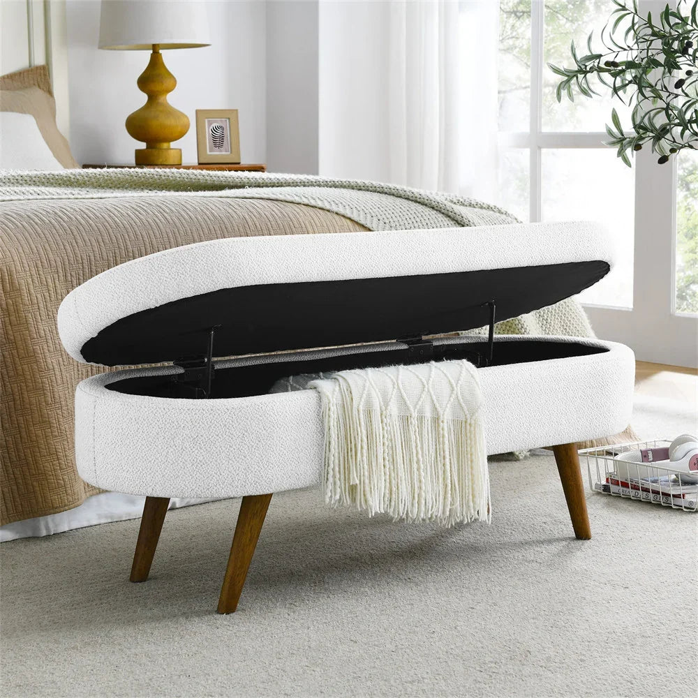 2026 New43.5" Oval Storage Ottoman Bench with Solid Wood Legs, Linen Fabric Upholstered Entryway Bench with Safety Hinge, Indoor Bench for End of Bed, Sofa Side, Entryway