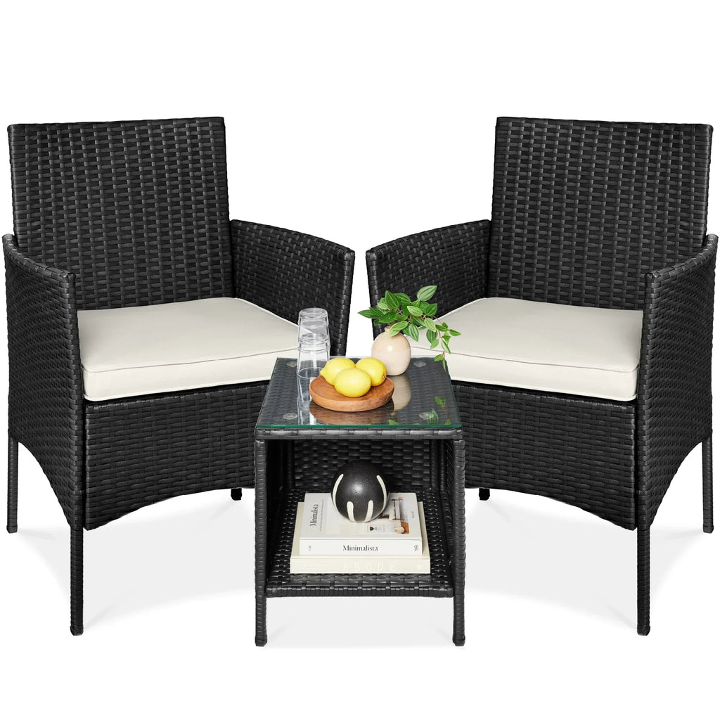 2026 NewBest Choice Products 3-Piece Outdoor Wicker Conversation Patio Bistro Set, w/ 2 Chairs, Table - Gray/Navy