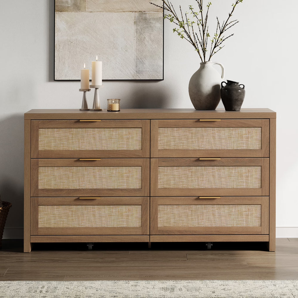 2026 NewSICOTAS 56.85" 6 Drawer Dresser,Rattan Dresser with Storage,Boho Dressers & Chests of Drawers Wooden Tall Dresser for Bedroom