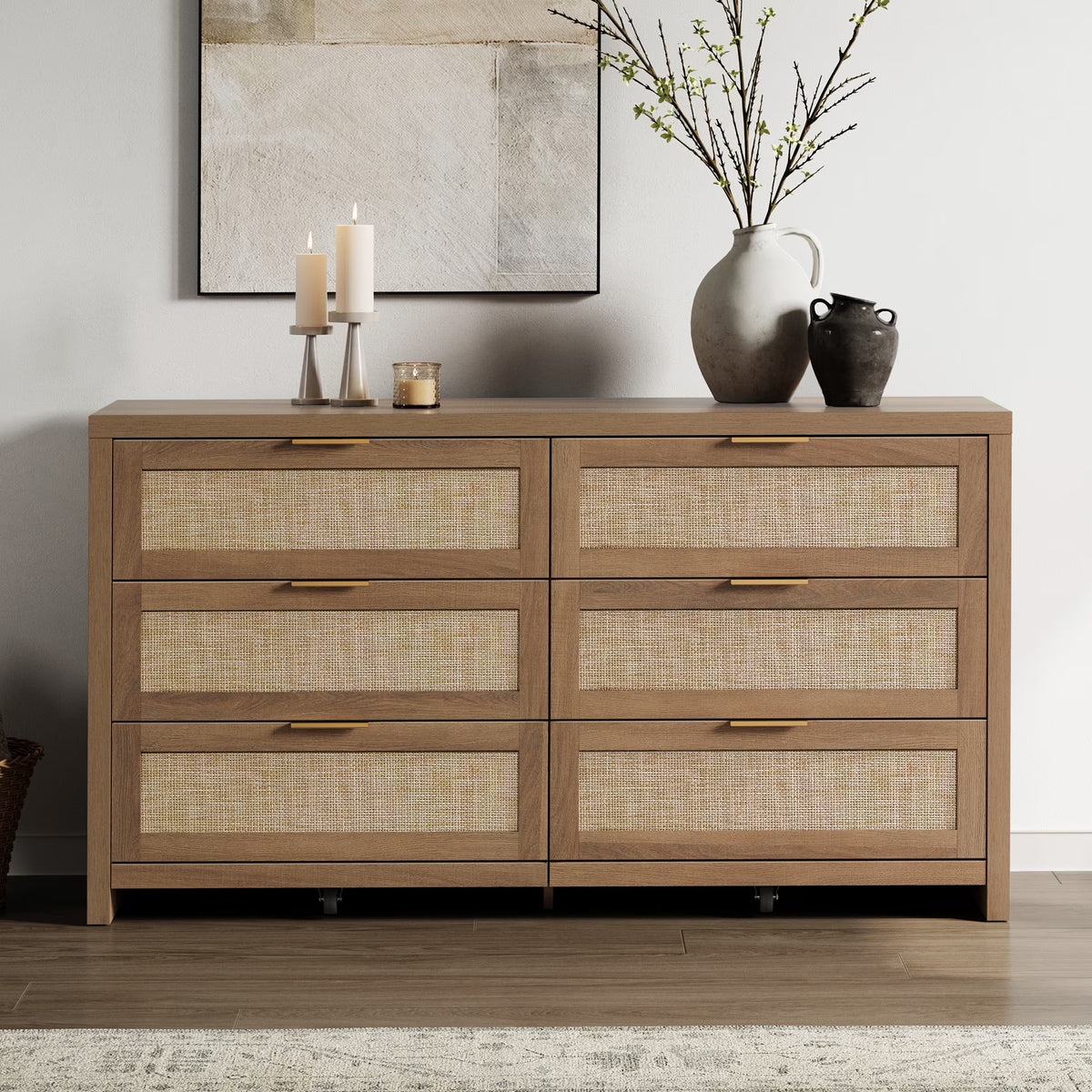 2026 NewSICOTAS 56.85" 6 Drawer Dresser,Rattan Dresser with Storage,Boho Dressers & Chests of Drawers Wooden Tall Dresser for Bedroom