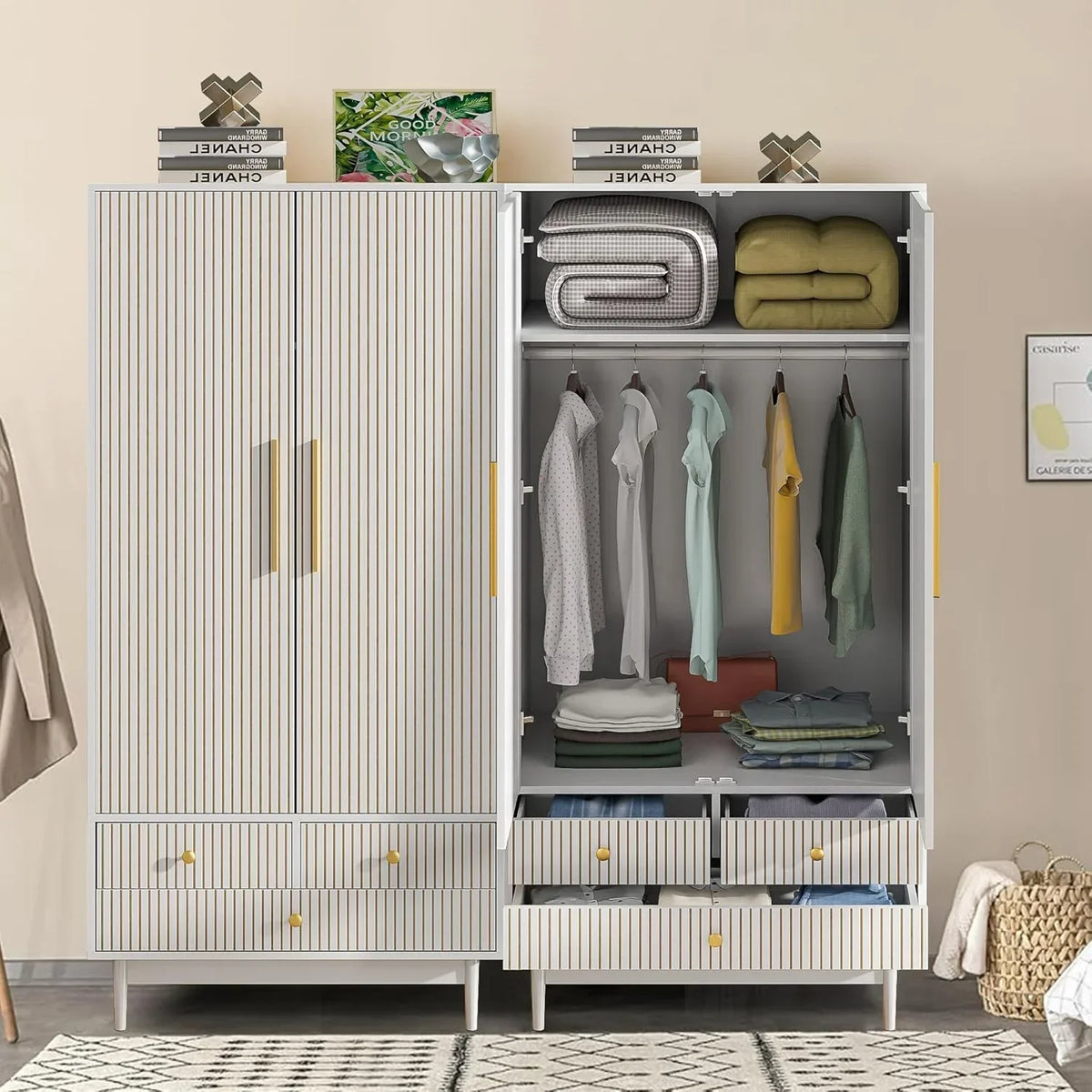 2026 NewArmoire Wardrobe Closet with 2 Doors, Wardrobe Cabinet with Hanging Rod and Drawers, Wooden Closet for Bedroom, White