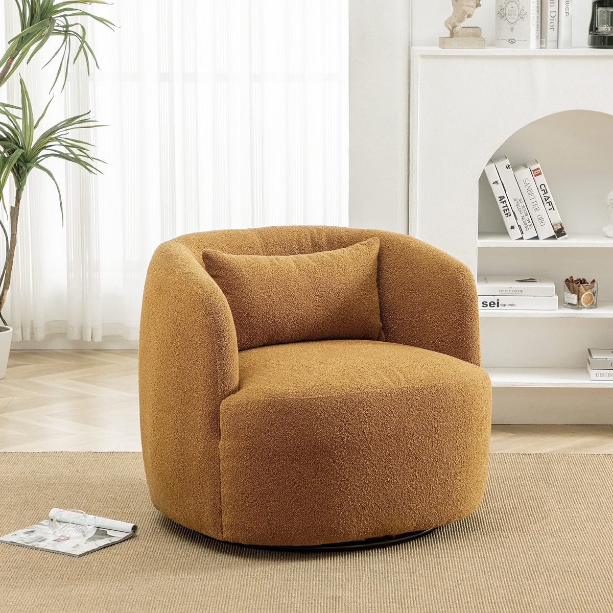 2026 New34" Wide Boucle Swivel Barrel Chair, No Assembly Round Upholstered Armchair Accent Chair Single Sofa Chair with Toss Pillow for Living Room and Bedroom, Taupe