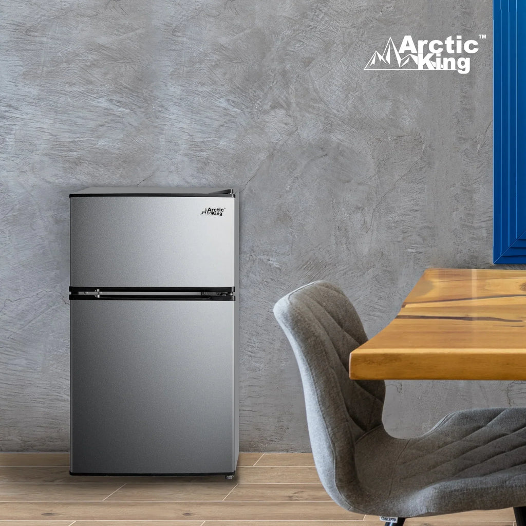 2026 NewArctic King 3.2 Cu ft Two Door Mini Fridge with Freezer, Stainless Steel, E-Star, ARM32D5ASL