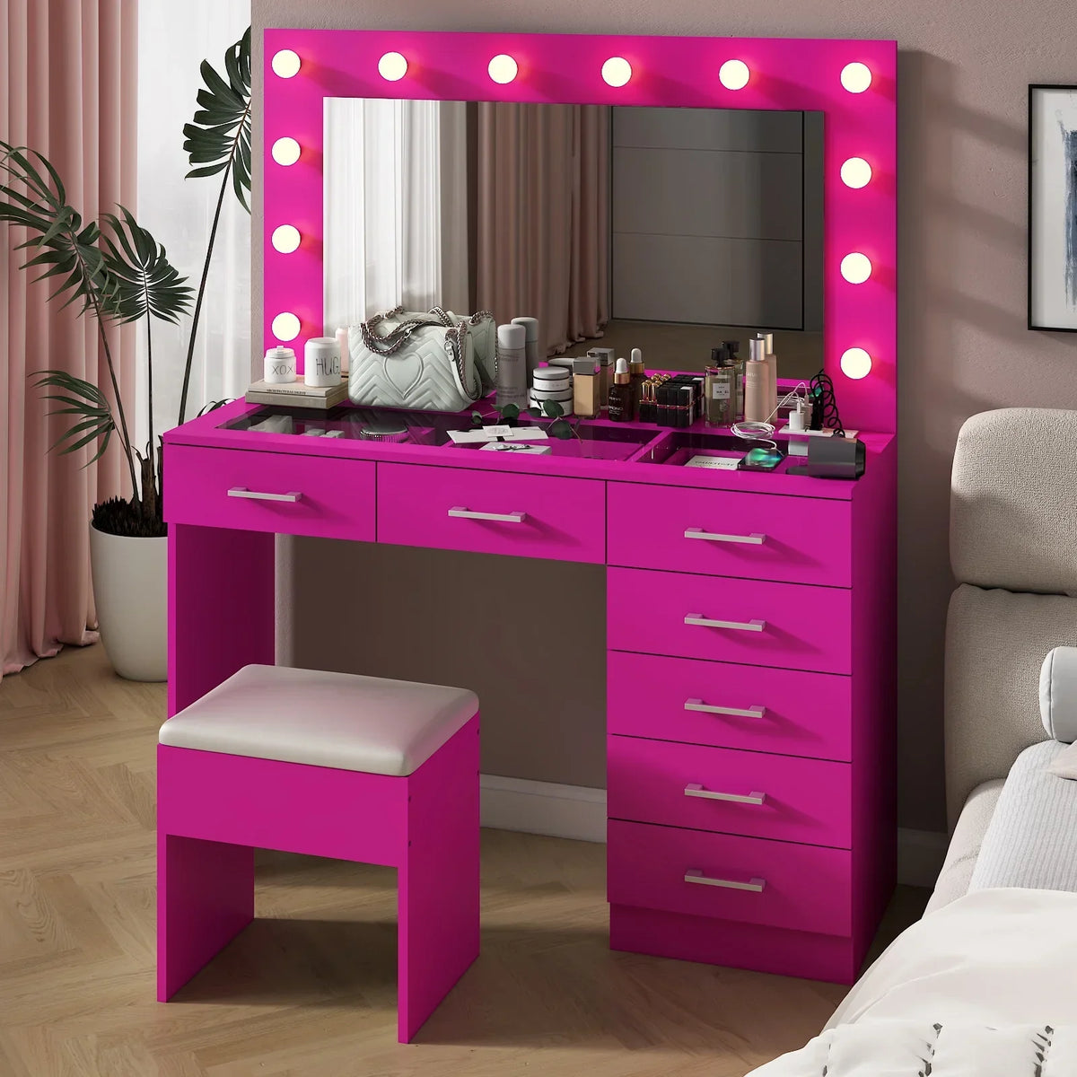 2026 NewKtaxon Large Makeup Vanity, Vanity Table Set w/ Visible Glass Top w/ Charging Station, White