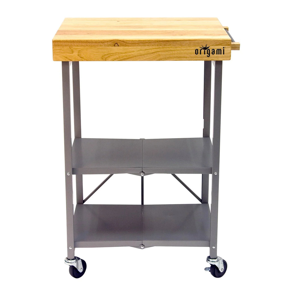 2026 NewOrigami Foldable Wheeled Portable Solid Wood Top Kitchen Island Bar Cart