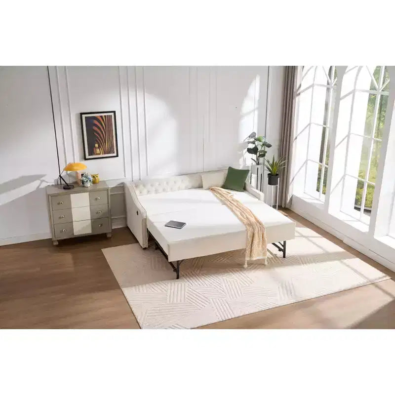 2026 Cama sofá Twin con cama nido, tapizada en terciopelo, puerto USB y bolsillos laterales - ModernLuxe