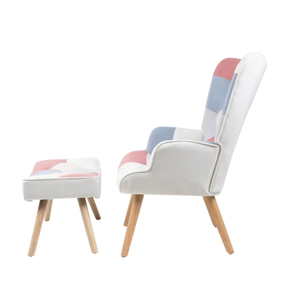 2026 NewModern Accent Chair with Solid Wood Legs and High Wing Backrest, Side Chair Set with Ottoman, Comfy Side Armchair for Living Room, Reading Room, Bedroom, Colorful Patchwork