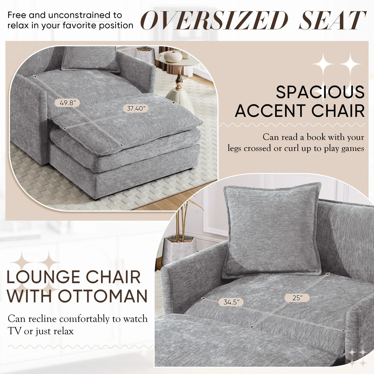 2026 NewMuumblus Oversized Lounge Chair with Ottoman, Cloud Accent Armchair for Living Room, Beige Chenille