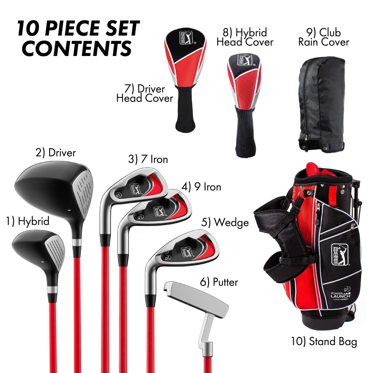 2026 NewPGA Tour Right-Handed 10 Piece Kids Golf Club Stand Bag Set; Player Height 4'8 - 5'2", Ages 8-12