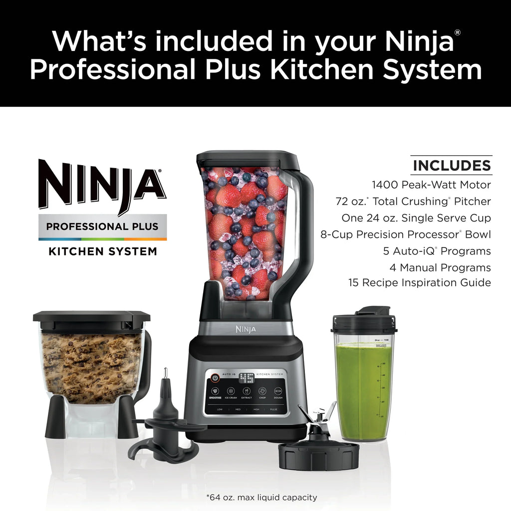 2026 NewNinja Professional Plus Kitchen System, 1400 Watts, 5 Presets for Smoothies, Chopping, Dough with Auto IQ, 72-oz.* Blender Pitcher, 64-oz. Processor Bowl, 24-oz. To-Go Cups, Black, BN800