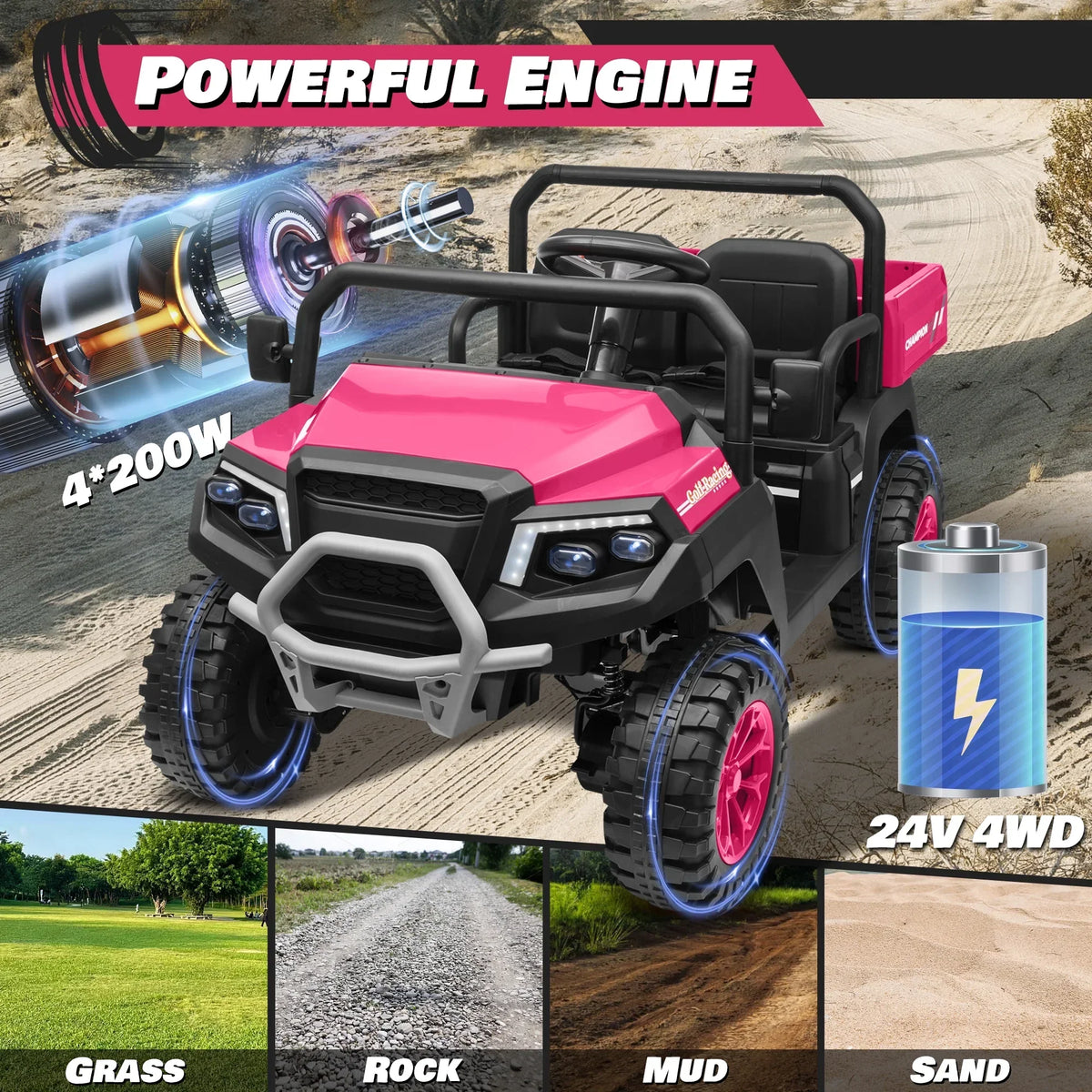 2026 NewJoyracer 4WD 24 Volt Ride on Toys UTV with 2 Seater & Remote Control, Kids Electric Golf Cart w/ 4x200W Power Motors, Tiltable Trailer & Shovel, 4 Wheels Spring Suspension, Bluetooth USB Music, Black