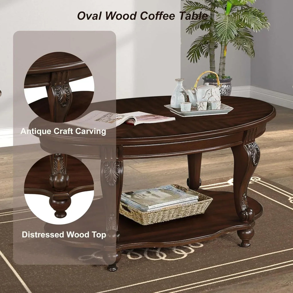 2026 New42" Oval Coffee Table with Storage Shelf, 2-Tier Solid Wood Cocktail Tea Table, Traditional Retro Center Table for Living Room, Bearing 400LBS, Cherry