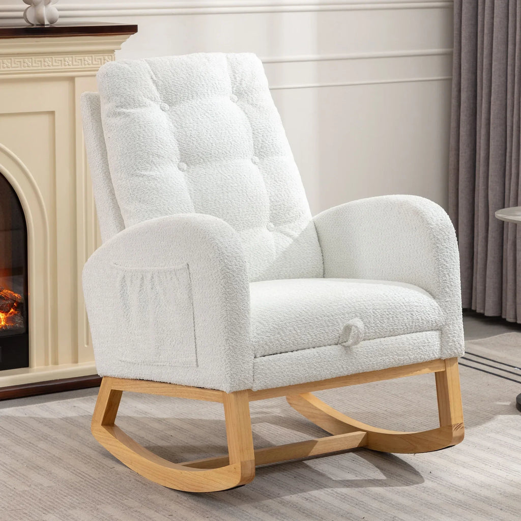 2026 NewModern Accent Rocking Chair with Pull-out Footrest,Nursery Glider Chair with Solid Wood Legs & Side Pocket,Upholstered Lounge Chair with High Backrest,White