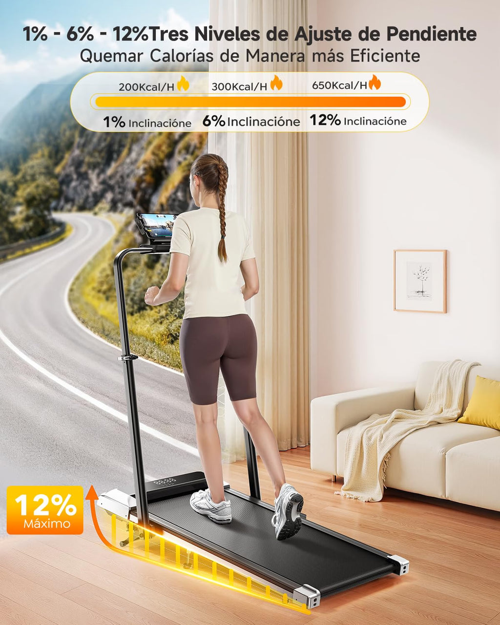 2026 Cinta de correr plegable 6 en 1 con inclinación 1 % / 6 % / 12 %, pasamanos telescópicos ajustables, 2,5 HP, 12 km/h, pantalla LED, mando y app