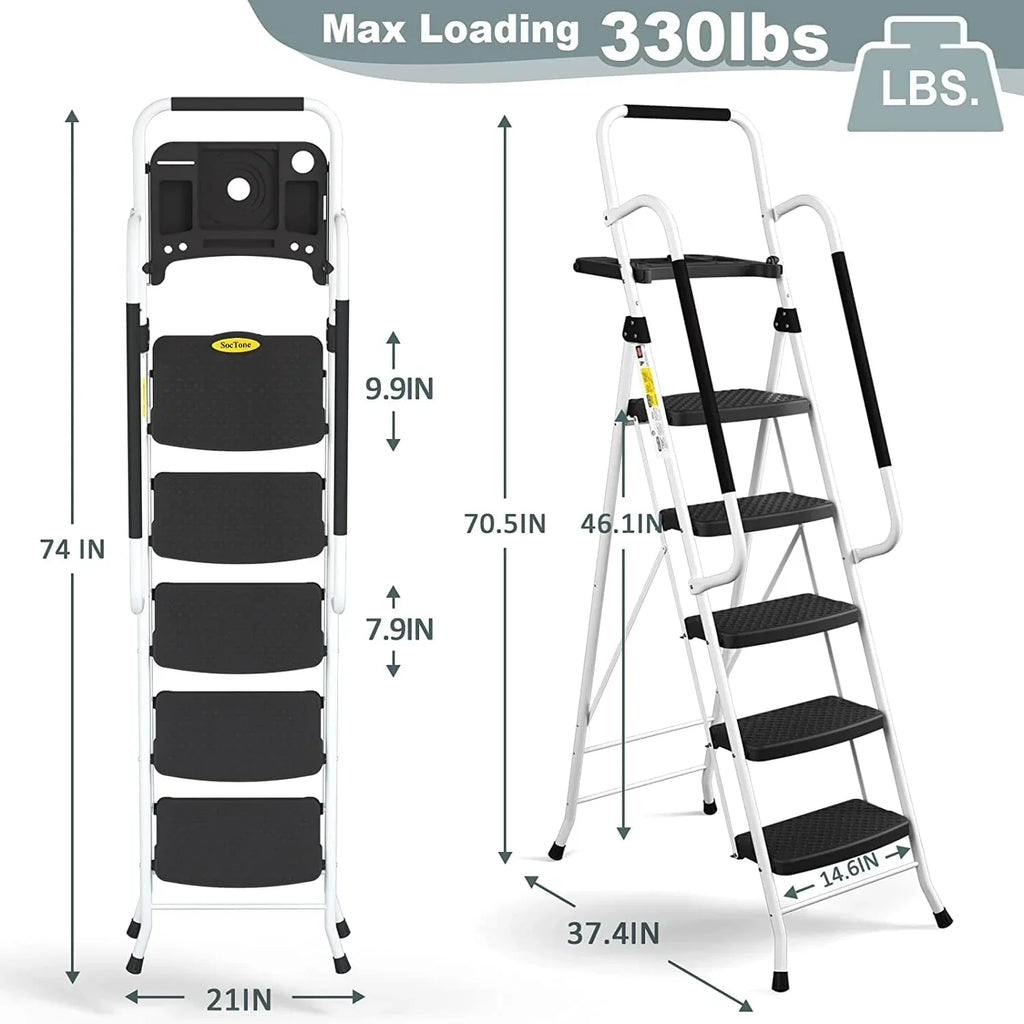 2026 NewHBTower Folding 5-Step Ladder, 330lbs, with Handrails and Tool Tray and Anti-Slip Pedal, White