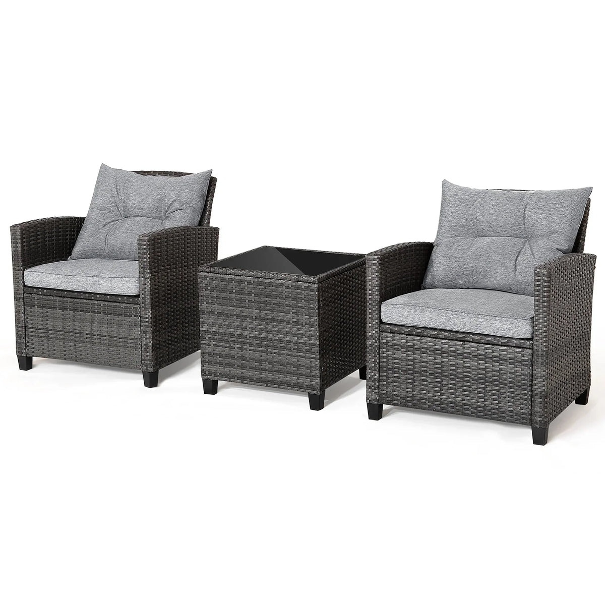 2026 NewGymax 3PCS Patio Rattan Sofa Set Outdoor Wicker Conversation Set Glass Tabletop w/ Grey Cushion