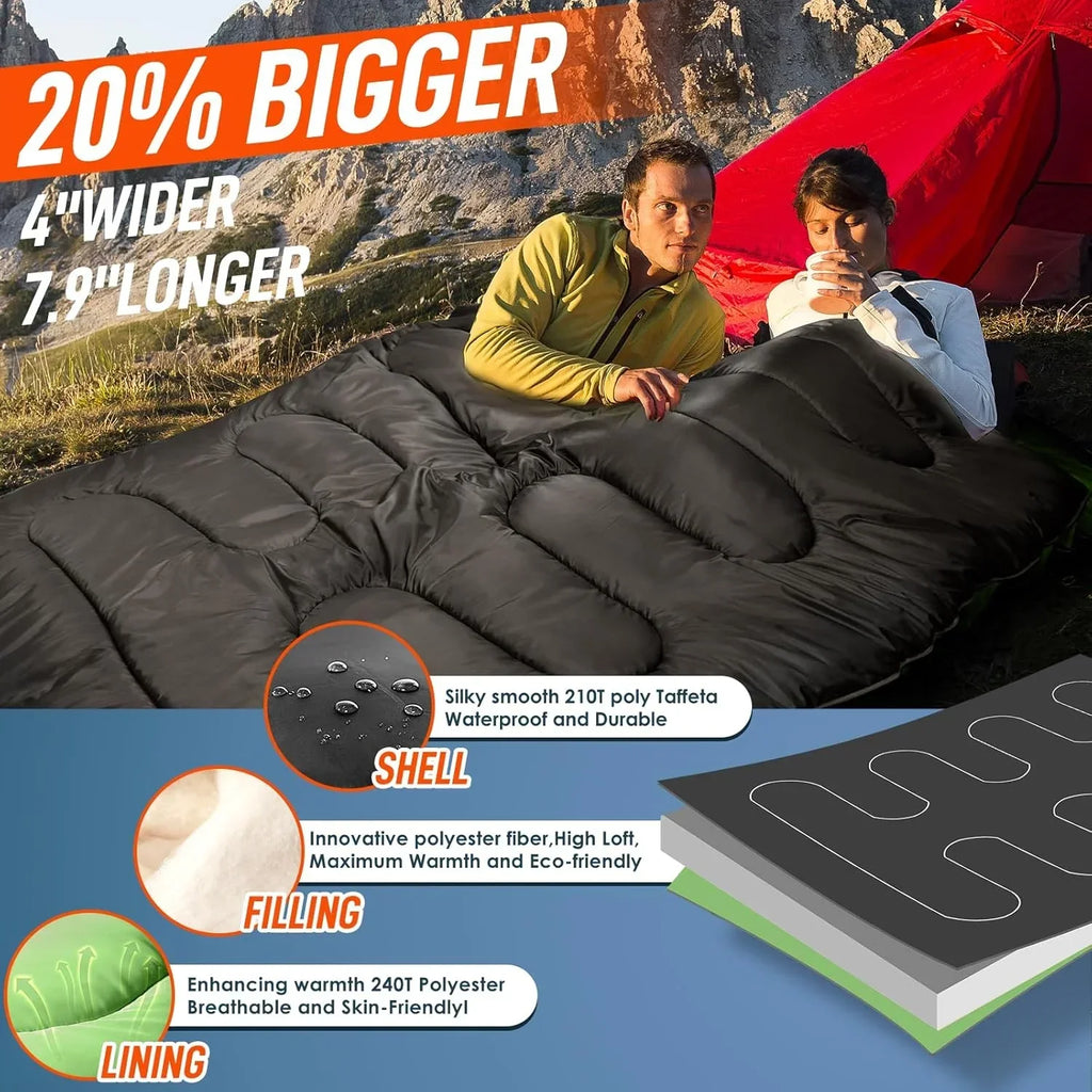 2026 NewDouble Sleeping Bag for Adults Mens with Pillow, XL Queen Size Two Person Sleeping Bag for All Season Camping Hiking Backpacking 2 Person Sleeping Bags for Cold Weather & Warm