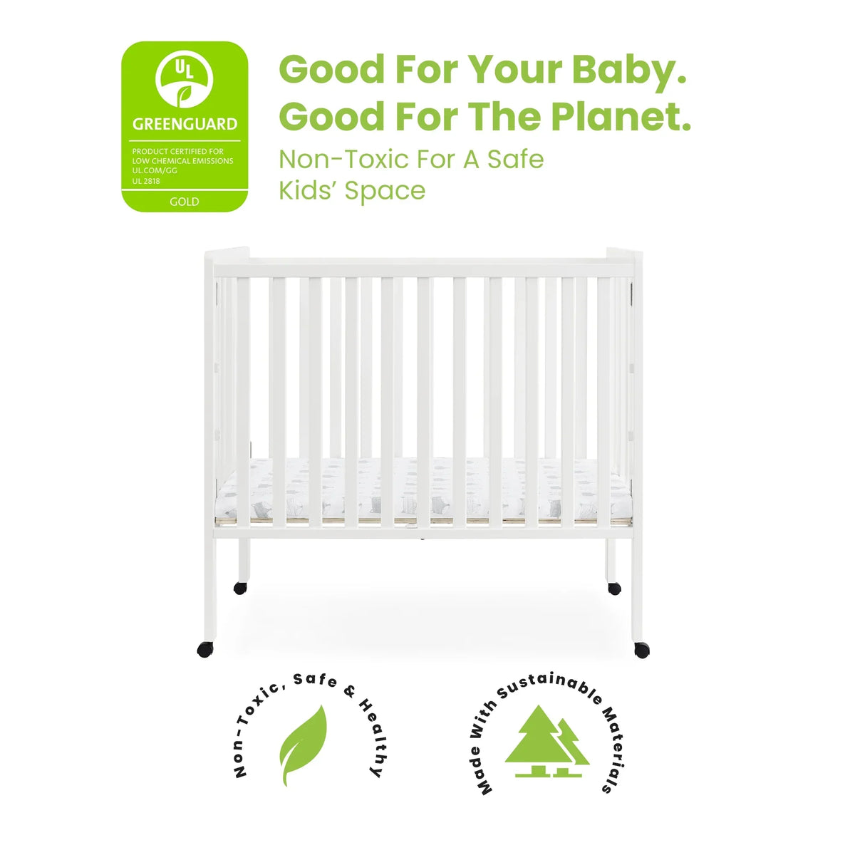 2026 NewDelta Children Lee Portable Folding Mini Crib with 1.5-Inch Mattress - Greenguard Gold Certified, Bianca White