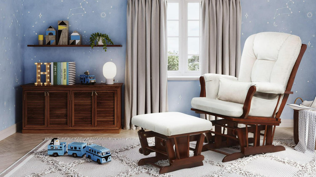 2026 NewAFG Alice Glider and Ottoman with Pillow. Espresso Finish with Beige Cushions