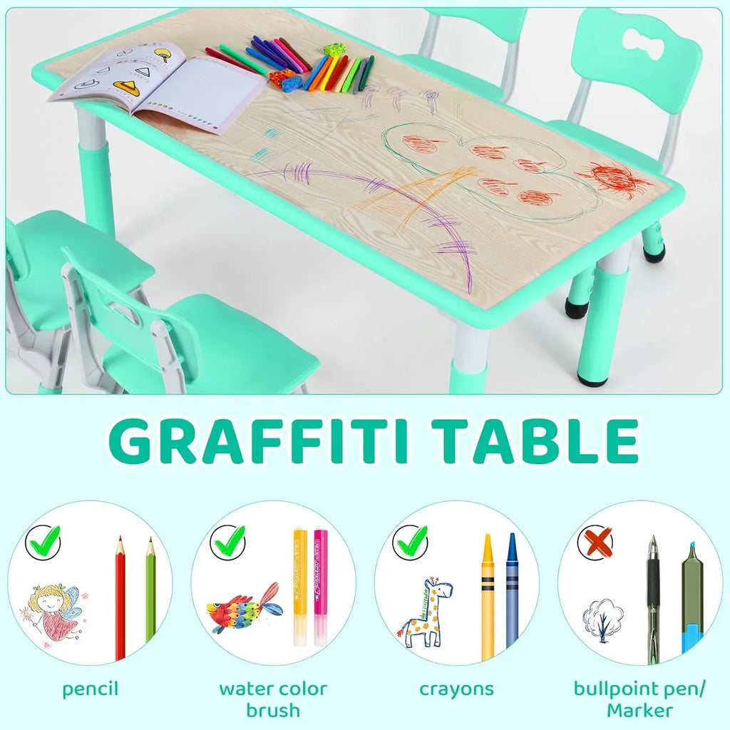 2026 NewLAZY BUDDY Kids Table and 4 Chairs Set, Height Adjustable Toddler Desk with Graffiti Desktop, Kids Activity Table Set for Daycare, Home