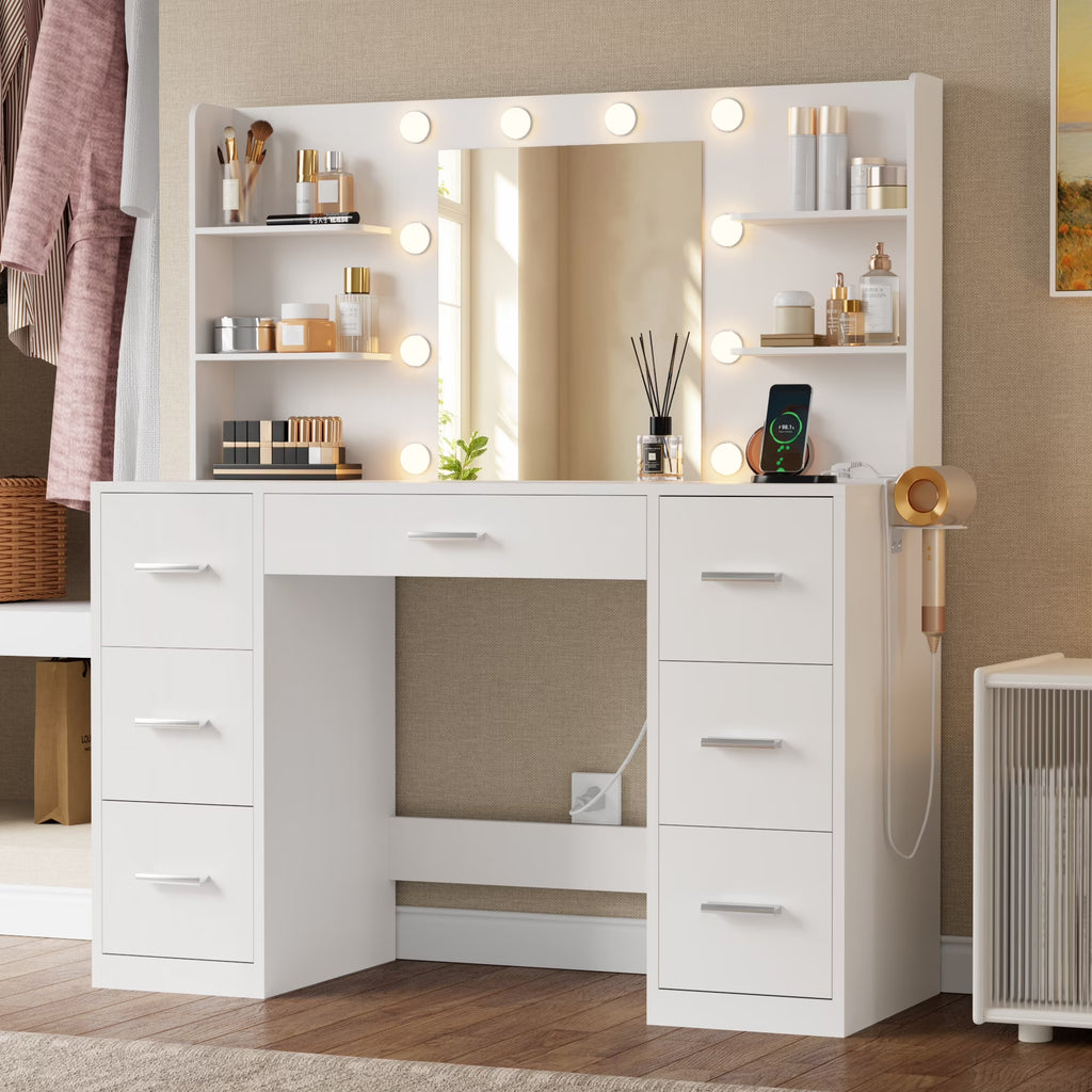 2026 NewLacoo Vanity Desk with Mirror and LED Lights, Makeup Vanity with 7 Drawers & 4 Shelves, Vanity Table with Power Outlet for Bedroom Dressing Room, White