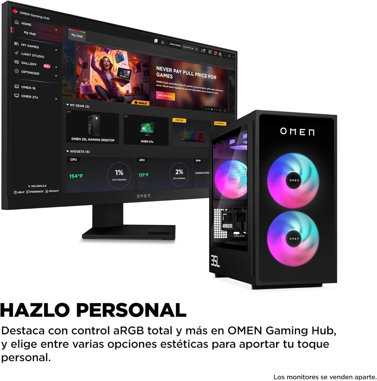 2026 HP Ordenador sobremesa Gaming OMEN 35L GT16-0067ns (Procesador AMD Ryzen 7 8700F, 32GB RAM DDR5, 1TB SSD PCIe Gen4, NVIDIA GeForce RTX 5070 12GB, FreeDOS) - Negro