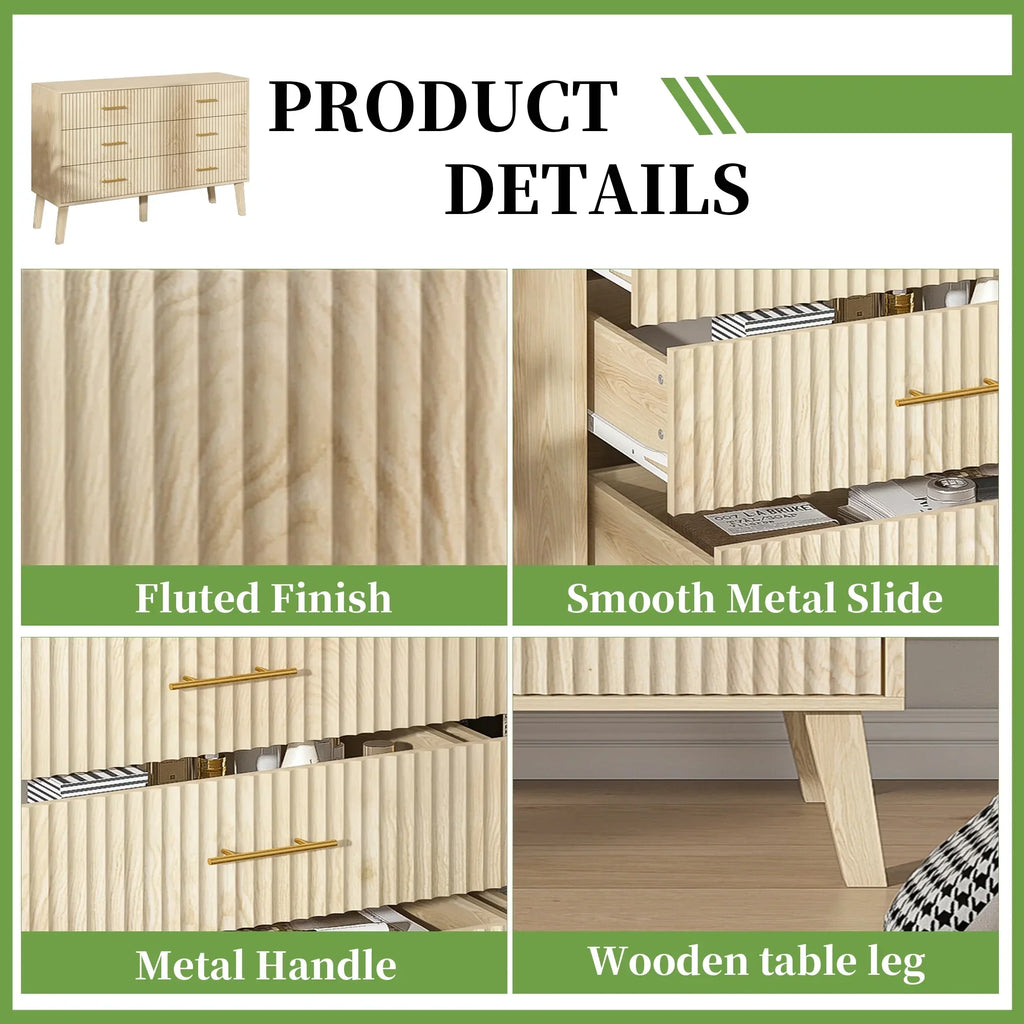 2026 NewFluted 6 Drawers Dresser, Wide Modern Chest of Drawers, 6 Drawer Double Dresser