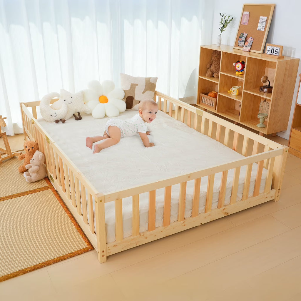 2026 NewSlsy Twin Size Toddler Floor Bed, Solid Wood Montessori Bed Frame with Fence & Door Montessori Floor Bed Crib with Safety Guardrails for Girls and Boys