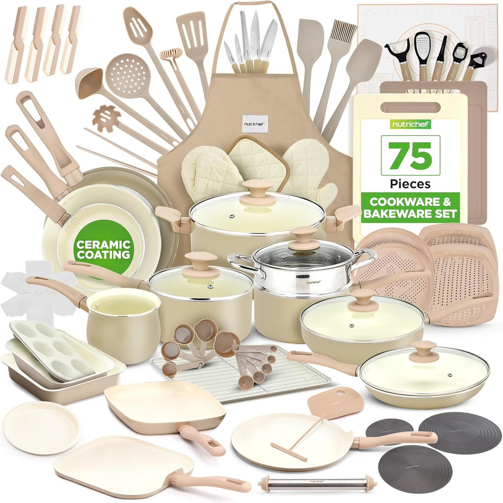 2026 New54-Piece Kitchen Cookware Set �C Complete Non-Stick Ceramic Pots and Pans Set with Utensils, Bakeware, and Knife Set, Gas, Electric & Induction Compatible, Blush Pink Kitchen Essentials