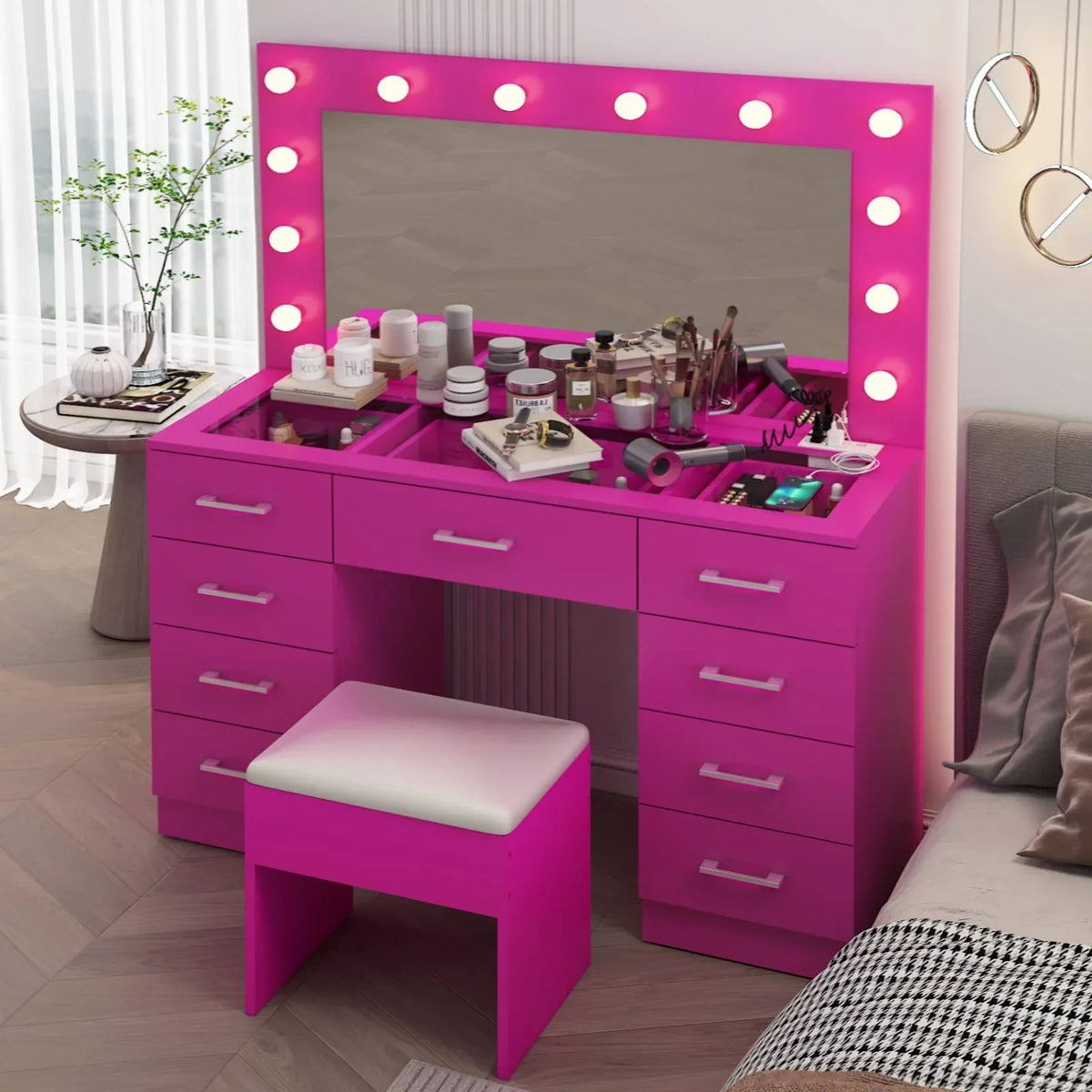 2026 NewKtaxon Large Makeup Vanity, Vanity Table Set w/ Visible Glass Top w/ Charging Station, White