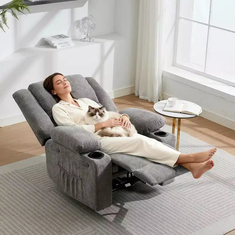 2026 Sillón reclinable manual con masaje por vibración y calefacción lumbar, bolsillo lateral y portavasos