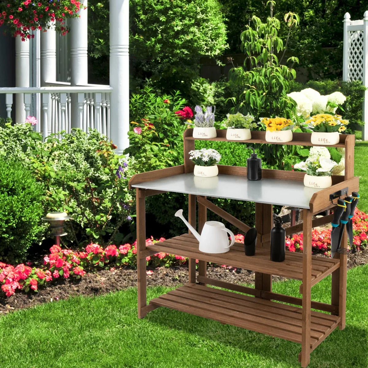 2026 NewPETSCOSSET Outdoor Wooden Folding Potting Bench Table, Fir Wood Garden Workstation with Galvanized Tabletop, 2 Tier Storage Shelves, Brown
