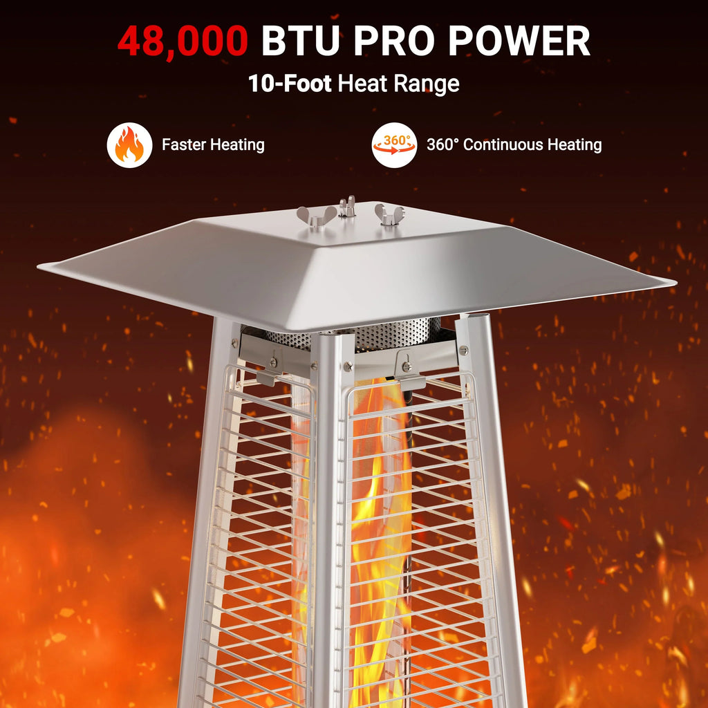 2026 NewSegmart 48,000 BTU Pyramid Patio Heater, Tall Standing Outdoor Propane Heater with Wheels & Tip-Over Safety Protection, Visible Flame Glass Tube for Backyard, Garden, Commercial Use - Gray