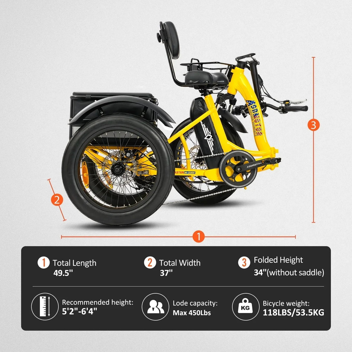 2026 NewAddmotor Electric Trike, 750W Foldable Electric Tricycle, Folding Electric Trike for Adults,48V 20Ah Removable Battery,20" Fat Tire Electric Trikes with Rear Speed Differential,M-330F Yellow