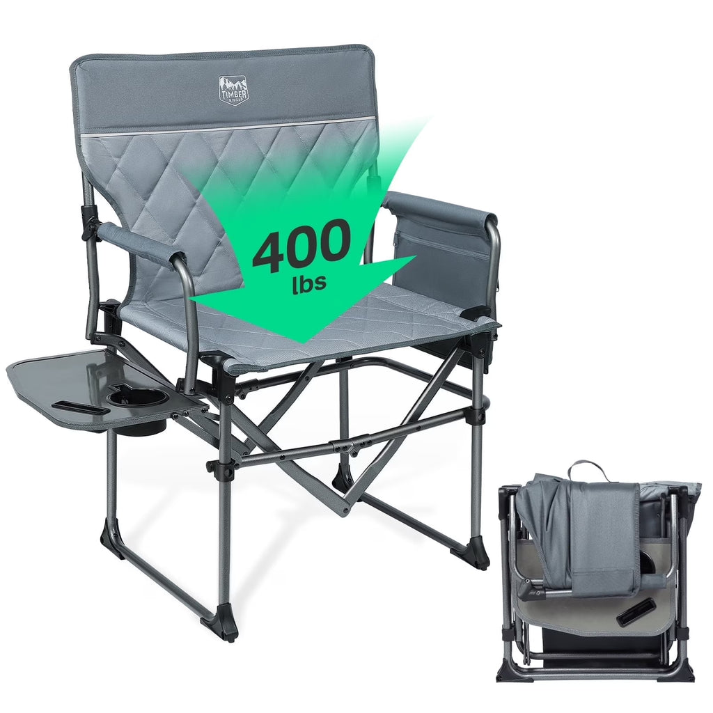 2026 NewTIMBER RIDGE Portable Director Chair, Heavy Duty Camping Folding Chair with Compact Size with Side Pocket and Side Table, Support 400 lbs, Grey