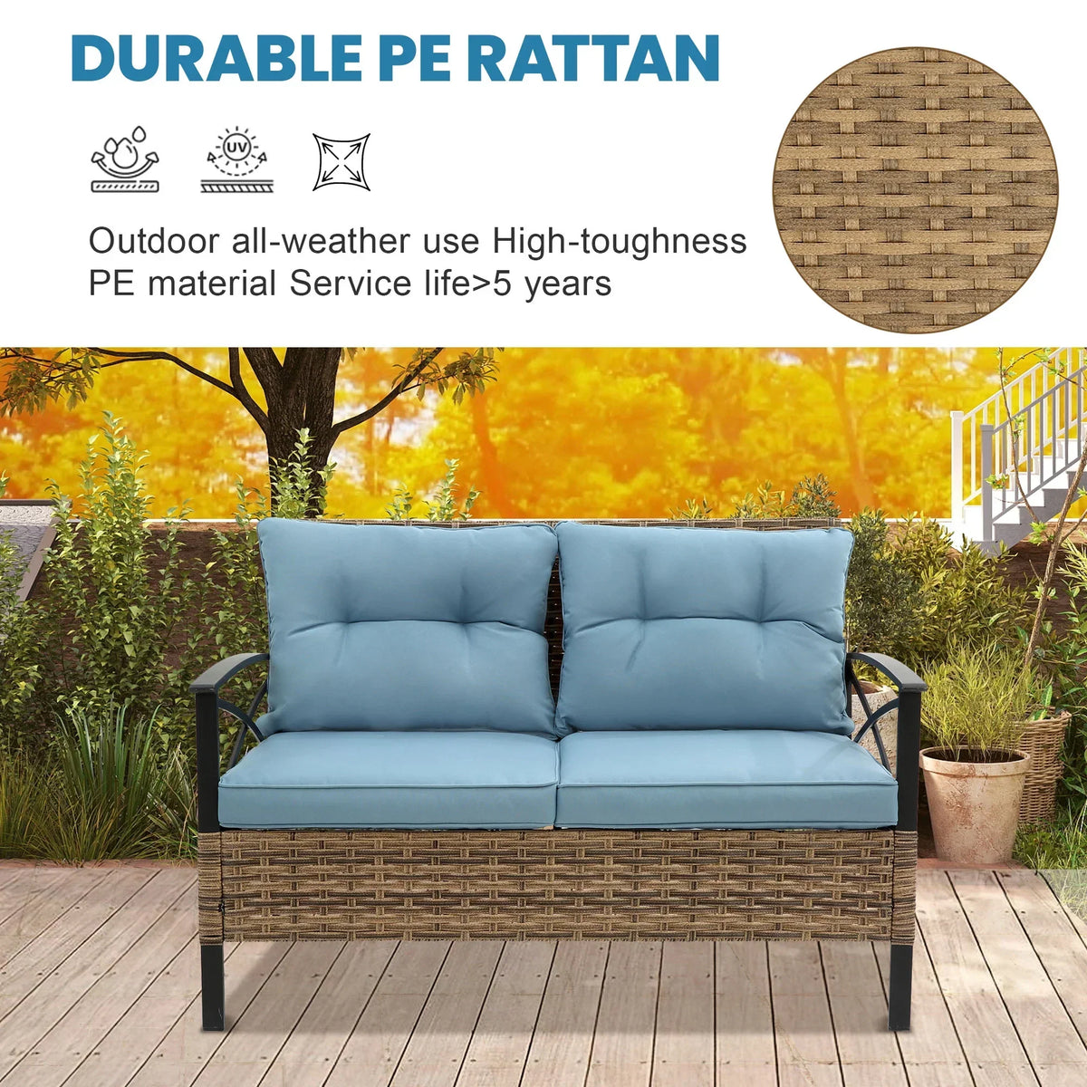 2026 NewHeavy-duty Patio Furniture Set, 4 Piece Outdoor Sectional Conversation Sets, BrownPE Rattan Patio Sofa Set with Blue Cushions