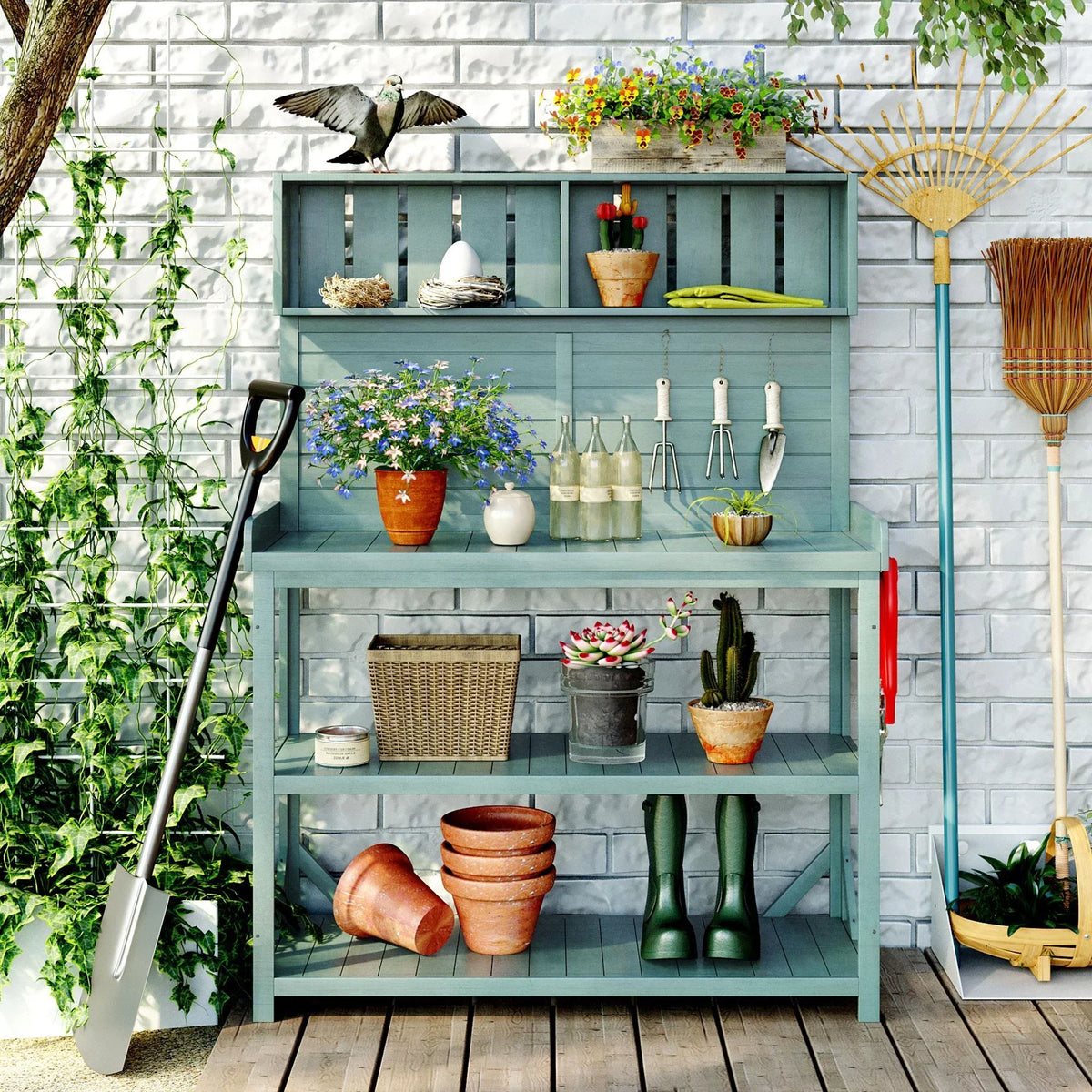 2026 New65" Large Wooden Farmhouse Rustic Outdoor Potting Bench Table, Patio Workstation, Garden Potting Bench with 4 Storage Shelves and Side Hook,Green