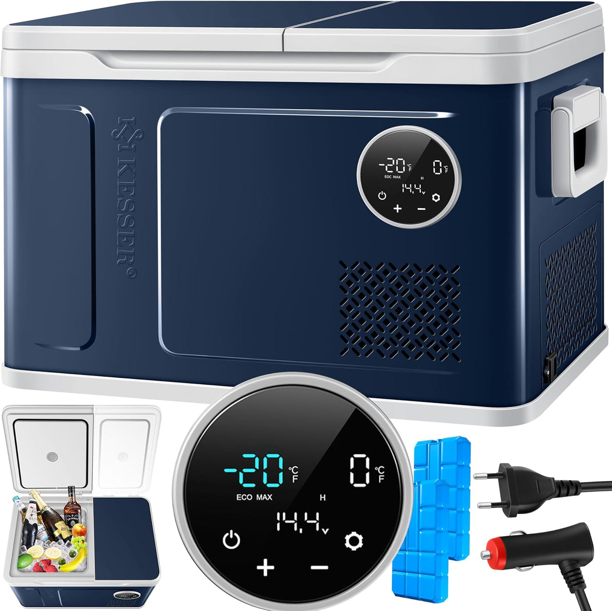 2026 Nevera portátil con compresor KESSER 2 en 1, doble zona de refrigeración y congelación, con 2 acumuladores de frío y control táctil LED | Refrigerador con capacidad de enfriamiento hasta -20 °C para camping, coche y camión, 12/24 V 230 V