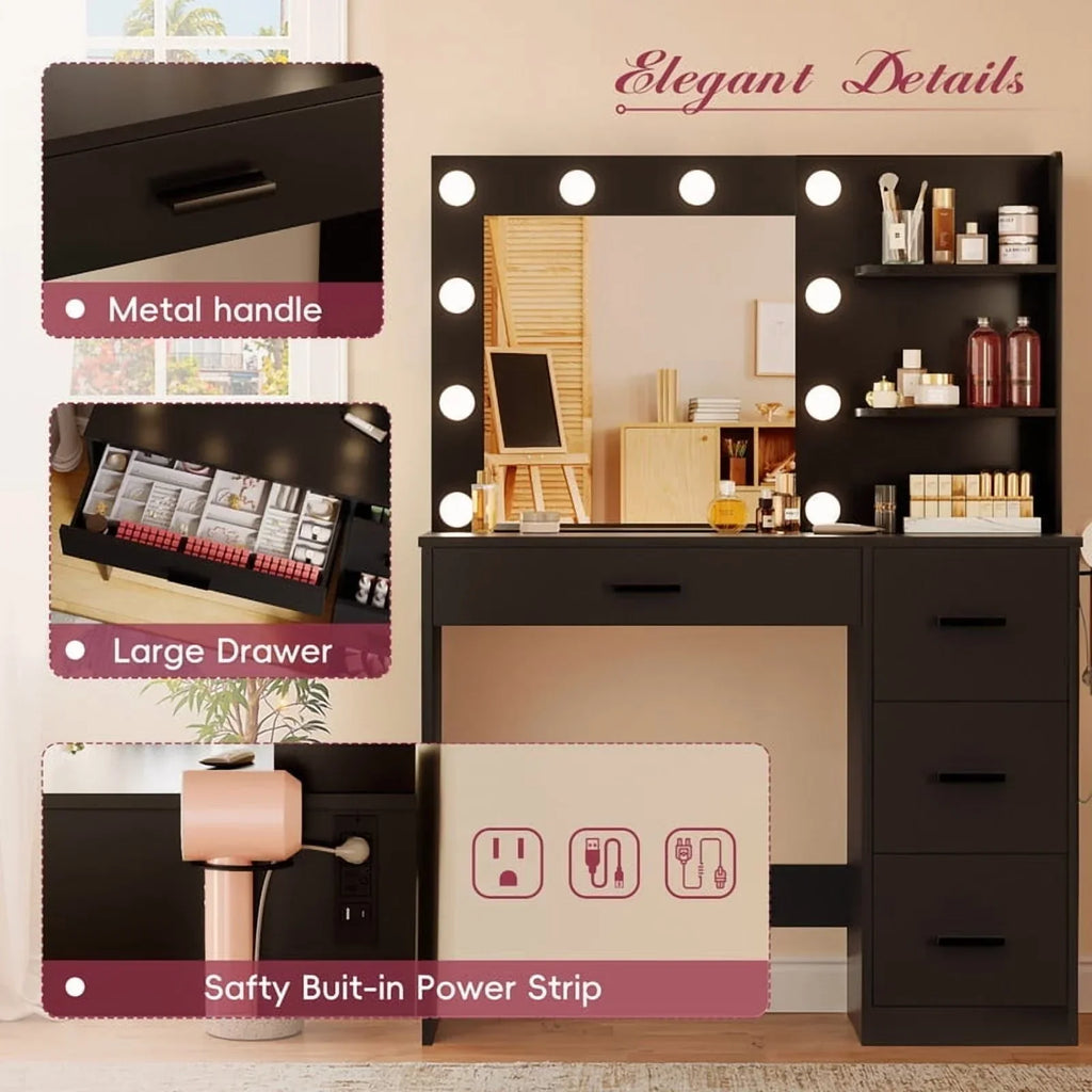2026 NewLacoo Vanity Desk with Mirror and LED Lights, Makeup Vanity with 7 Drawers & 4 Shelves, Vanity Table with Power Outlet for Bedroom Dressing Room, White