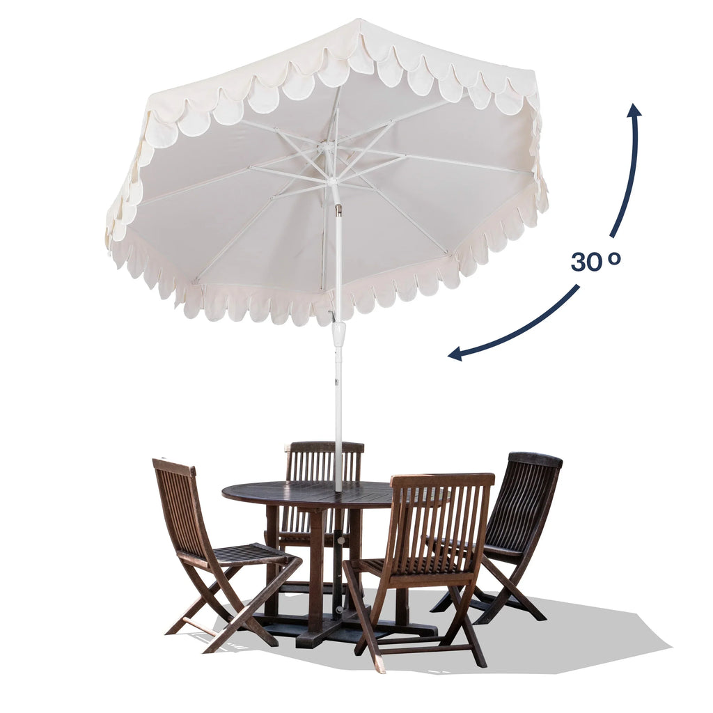2026 NewJONATHAN Y Tracy 9 ft. Market Patio Umbrella, Classic Mid-Century Scalloped Fringe, with Auto-Tilt Crank, Wind Vent and UV Protection, Coral Pink/White, Dark Brown Pole