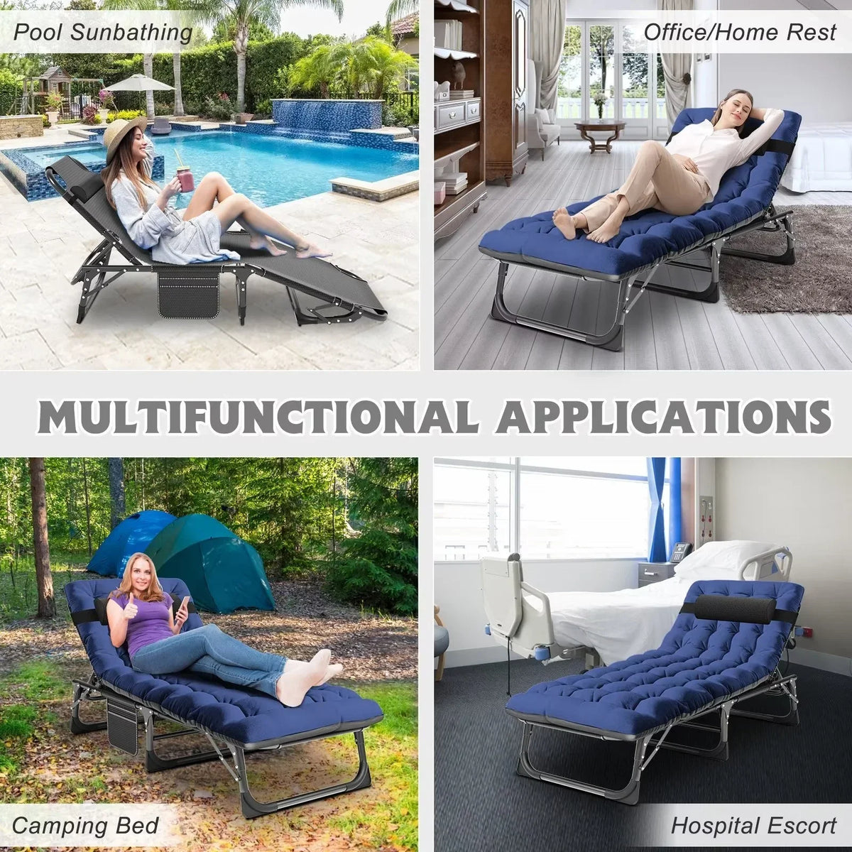 2026 NewMOPHOTO Lounge Chair with Mattress, Outdoor Chaise Lounge Support 440 Lbs, Adjustable Portable Heavy Duty Sleeping Cots Bed for Camping, Pool, Beach, Patio
