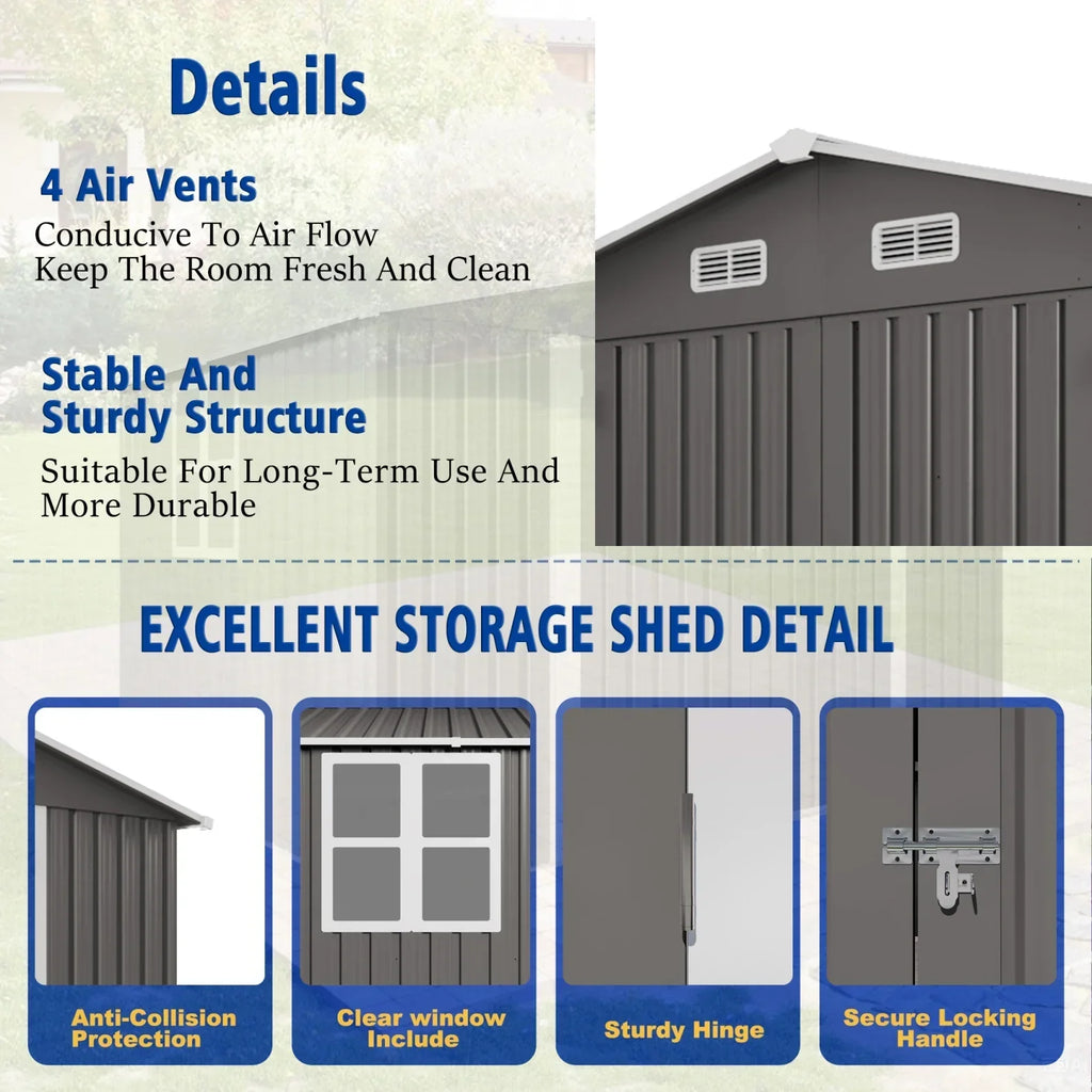 2026 New10 x 8 FT Outdoor Storage Shed, Large Metal Storage Shed, Lockable Door and Air Vent, Clear Window Garden Tool Shed for Bicycles, Tools, Lawnmowers, Backyards, Patios, Lawns - Gray