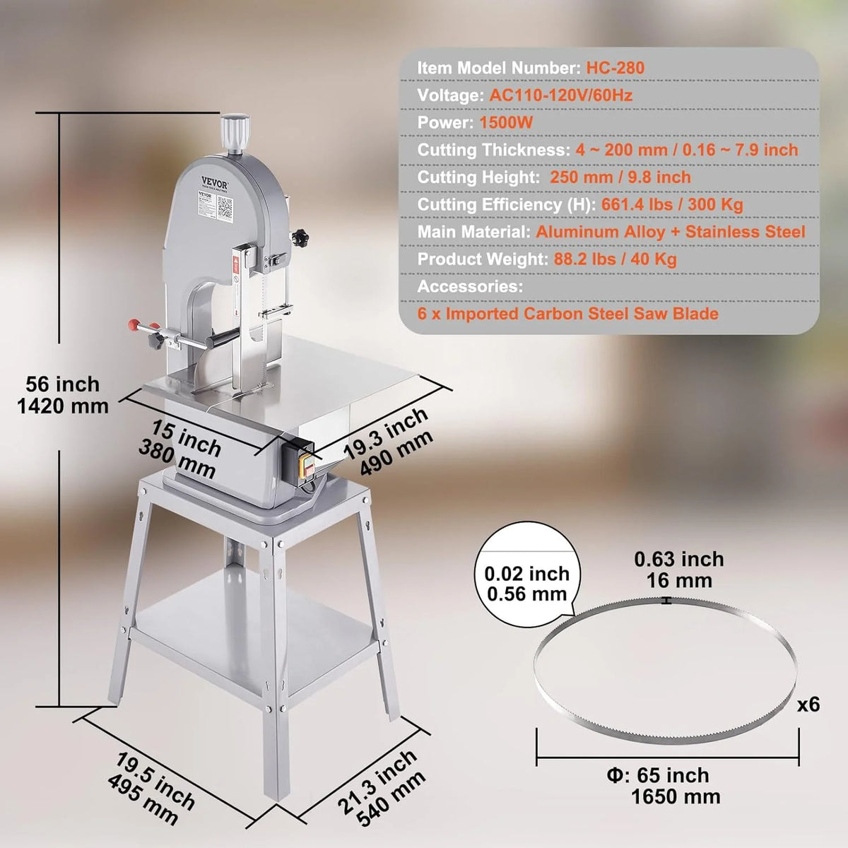 2026 VEVOR Sierra Eléctrica Comercial para Huesos de Carnicero Sierra de Cinta para Huesos 1500 W 300 kg/h Sierra Eléctrica para Carne Congelada y Huesos Espesor 4-200 mm para Restaurante 54x49,5x142 cm