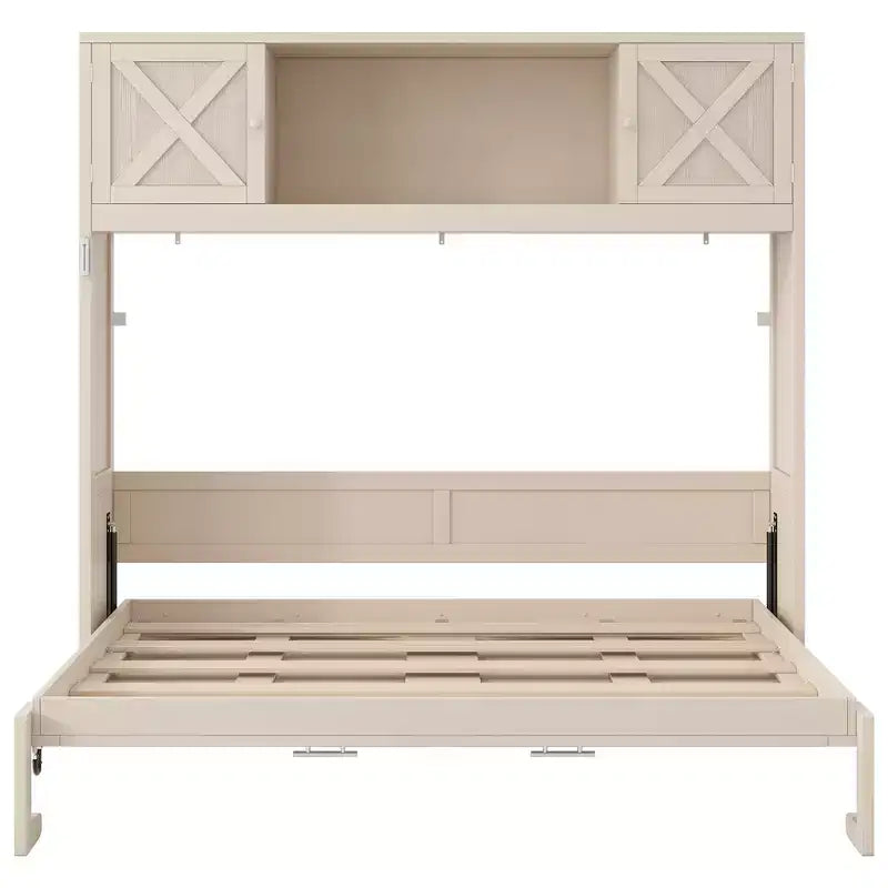 2026 Cama abatible tamaño Full con armarios de almacenamiento y estructura de madera, beige