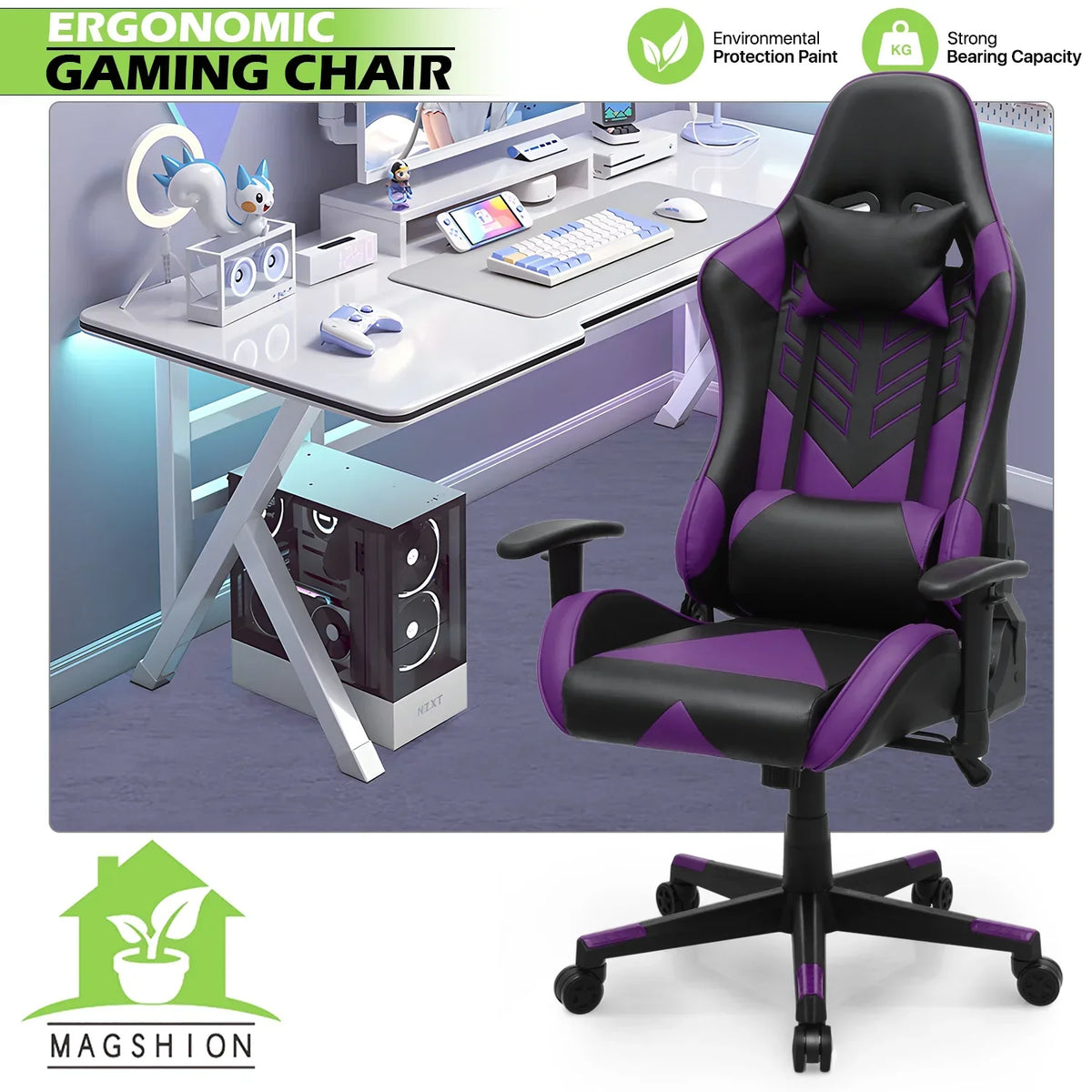 2026 NewMagshion Ergonomic Gaming Chair, Comfortable Gaming Chair, Computer Chair Leather Desk Chair Adjustable Swivel Gaming Office Chair, Blue