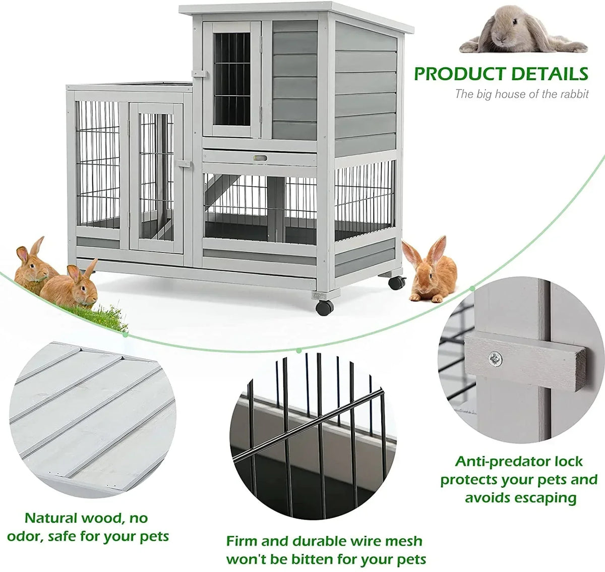 2026 NewYODOLLA Indoor Rabbit Hutch Bunny Cage Large Pet House for Small Animal with Wheels